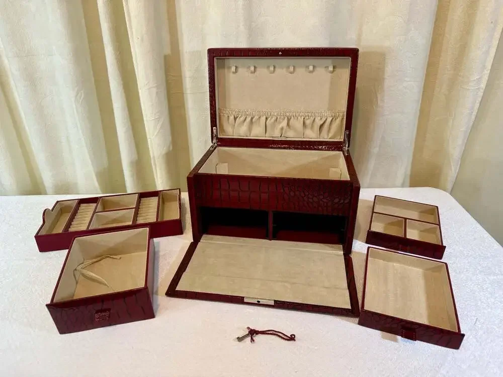 Wolf Jewelry Box w/ LusterLoc Protection, Red Faux Croc Leather